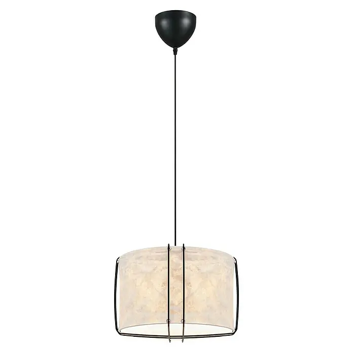 Nordlux Pendelleuchte rund CARDINE - 60 W, Ø x H: 35 x 28,5 cm, Weiß, Schwarz, E27 - Eine moderne Pendelleuchte mit einem zylindrischen Lampenschirm aus hellem Stoff und einer schwarzen Aufhängung. Elegante Beleuchtung für jeden Raum.