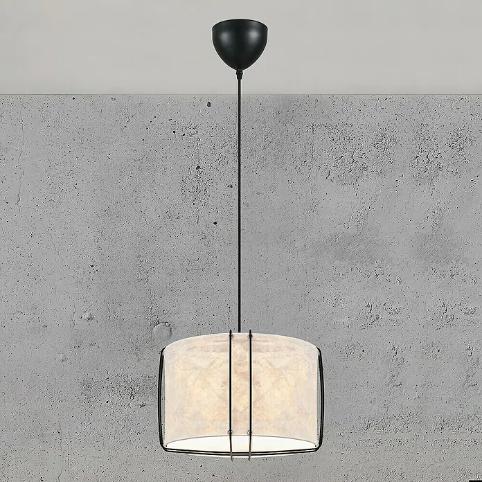 Nordlux Pendelleuchte rund CARDINE - 60 W, Ø x H: 35 x 28,5 cm, Weiß, Schwarz, E27 - Elegante Hängeleuchte mit einem zylindrischen Lampenschirm aus Papier und einem filigranen, schwarzen Metallrahmen.