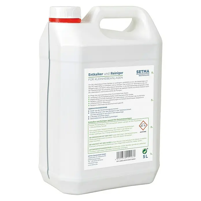 Setma Entkalker - 5 l, Einsatzbereich: Kleinhebeanlagen - Produktbild: SETMA Entkalker und Reiniger für Kleinhebeanlagen, ein 5-Liter-Kanister für die Reinigung und Entkalkung von Hebeanlagen.