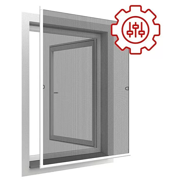 Easy Life Insektenschutz nach Maß - Material: Kunststoff - Weiß gerahmtes Fensterfliegengitter mit grauem Netz, teilweise geöffnet.