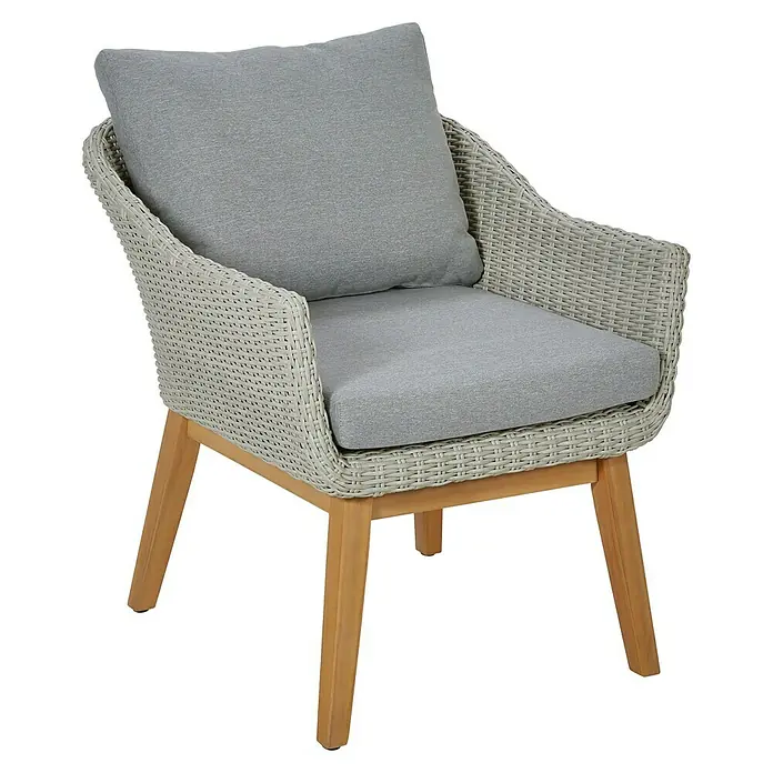 Sunfun Gartenmöbel-Set Laura/Paula XL - 5 -tlg., Akazie/Aluminium/Polyrattan, Braun/Grau - Ein stilvoller Korbsessel mit hellgrauen Polstern und einem robusten Holzgestell. Perfekt für den Innen- und Außenbereich.