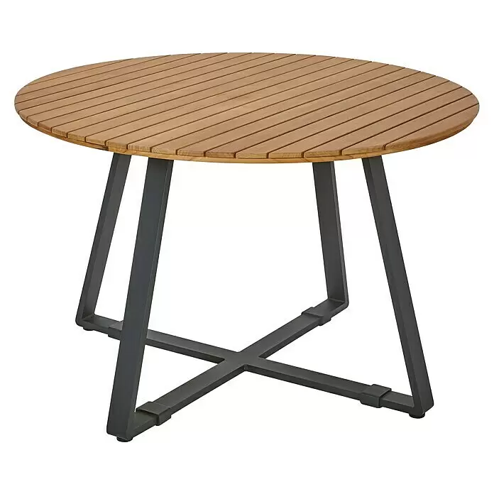 Sunfun Carina Gartentisch rund - Ø x H: 115 x 76 cm, Akazienholz, Teak - Runder Outdoor-Esstisch mit lattenförmiger hellbrauner Holzplatte und dunkelgrauem Metall-Kreuzfußgestell.