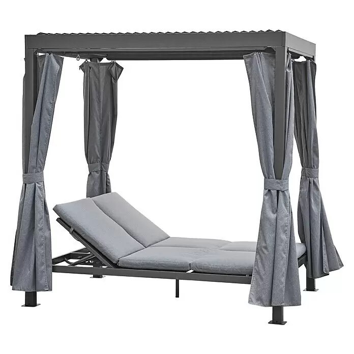 Sunfun Maja Loungeliege - L x B x H: 222 x 159 x 230 cm, Metall, Grau - Graues Outdoor-Tagesbett mit Baldachin und zurückgebundenen Vorhängen, mit Metallrahmen und passenden Polstern.