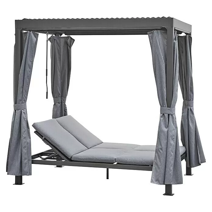 Sunfun Maja Loungeliege - L x B x H: 222 x 159 x 230 cm, Metall, Grau - Graues Outdoor-Tagesbett mit verstellbarer Rückenlehne, Vordach und festgebundenen Seitenvorhängen.
