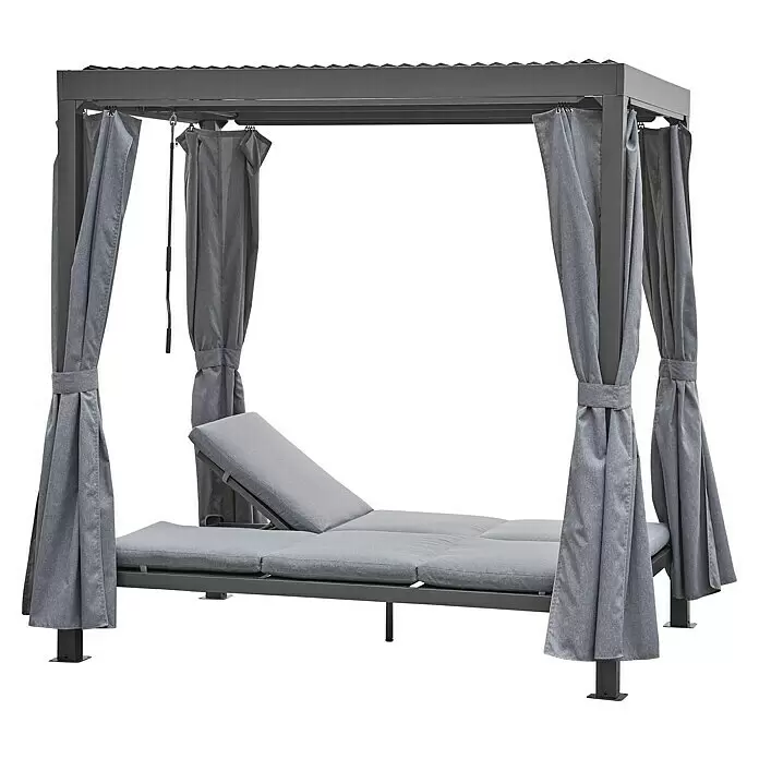 Sunfun Maja Loungeliege - L x B x H: 222 x 159 x 230 cm, Metall, Grau - Graues Outdoor-Tagesbett mit Baldachin und Vorhängen.