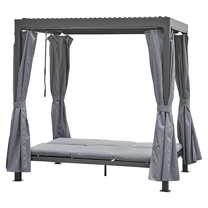 Sunfun Maja Loungeliege - L x B x H: 222 x 159 x 230 cm, Metall, Grau - Graues Outdoor-Tagesbett aus Metall mit dicken grauen Kissen und vier gerafften Vorhängen für Schatten und Komfort.