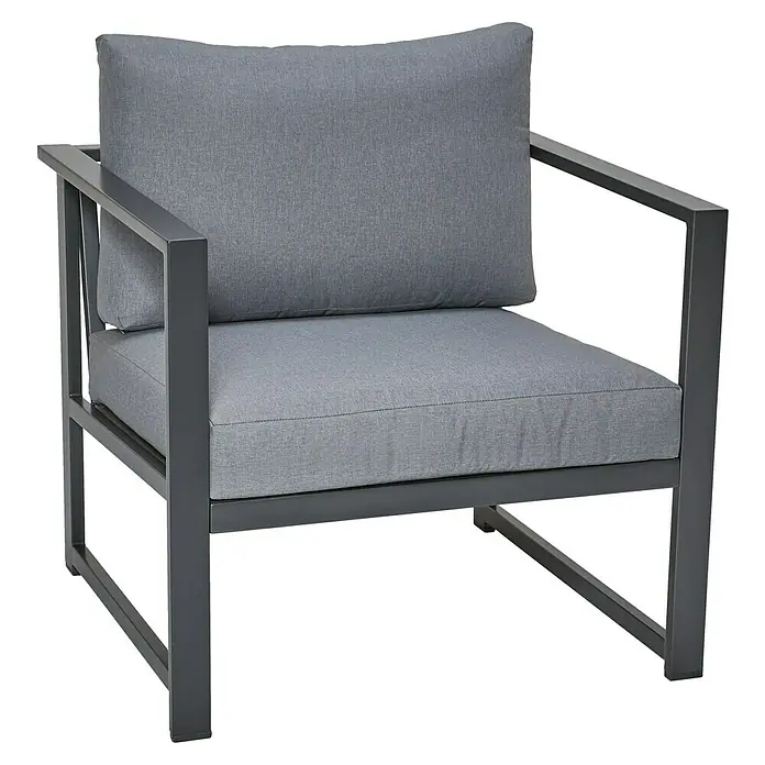 Sunfun Maja Slim Loungemöbel-Set mit Liegefunktion - 5 -tlg., Aluminium/Polyesterfaser, Anthrazit/Grau - Grauer Sessel mit Kissen. Das Möbelstück hat ein minimalistisches Design und eignet sich perfekt für den Innen- und Außenbereich.