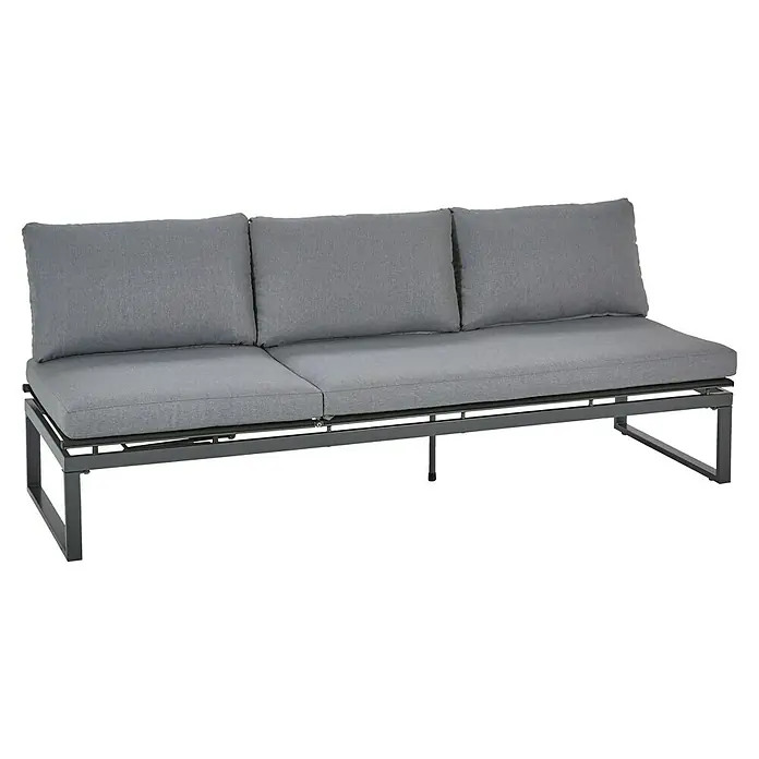 Sunfun Maja Slim Loungemöbel-Set mit Liegefunktion - 5 -tlg., Aluminium/Polyesterfaser, Anthrazit/Grau - Graues Outdoor-Sofa mit Metallrahmen und drei Sitzkissen bietet bequemen Platz im Freien.