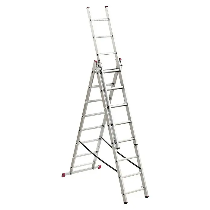 Krause Corda Sprossen-MehrzweckleiterTreppengängig, Arbeitshöhe: 5,4 m, 24 Stk., Aluminium - Abgebildete ist eine silberne Mehrzweckleiter, die in A-Form aufgestellt und mit einem Verlängerungsteil versehen ist.