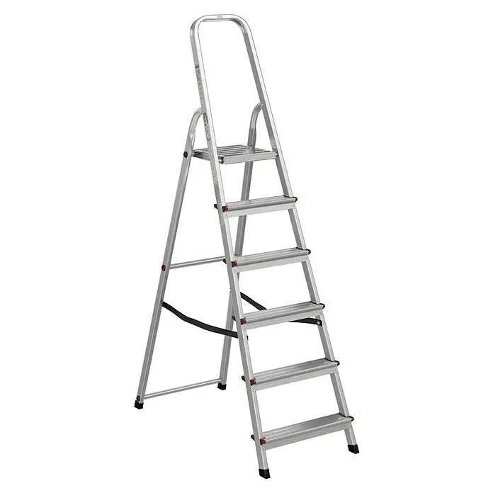 Krause Corda Stehleiter - Arbeitshöhe: 3,2 m, Anzahl Tritte: 6 Stk., Belastbarkeit: 150 kg, Aluminium - Eine silberne Trittleiter mit fünf Stufen und einem Haltegriff oben, ideal für den Haushalt oder leichte Arbeiten.