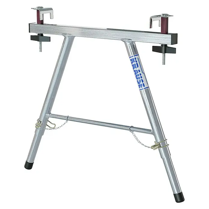Krause Combi AbstandhalterGeeignet für: Holmquerschnitt 64 x 25 mm bis 97 x 25 mm, Aluminium - Das Bild zeigt einen silbernen, höhenverstellbaren Krause-Sägebock, der auf einem schwarzen Hintergrund steht. Er ist robust und stabil.