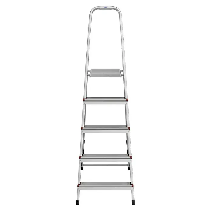Krause Corda Stehleiter - Arbeitshöhe: 3 m, Anzahl Tritte: 5 Stk., Belastbarkeit: 150 kg, Aluminium - Eine silberne Klappleiter mit vier Stufen und einem Haltegriff oben. Die Leiter ist auf einem schwarzen Hintergrund dargestellt.