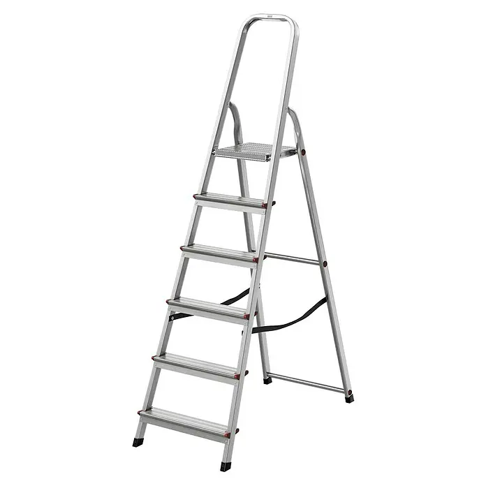 Krause Corda Stehleiter - Arbeitshöhe: 3,2 m, Anzahl Tritte: 6 Stk., Belastbarkeit: 150 kg, Aluminium - Eine silberne Trittleiter mit fünf Stufen und einem Haltebügel, ideal für Arbeiten in der Höhe.