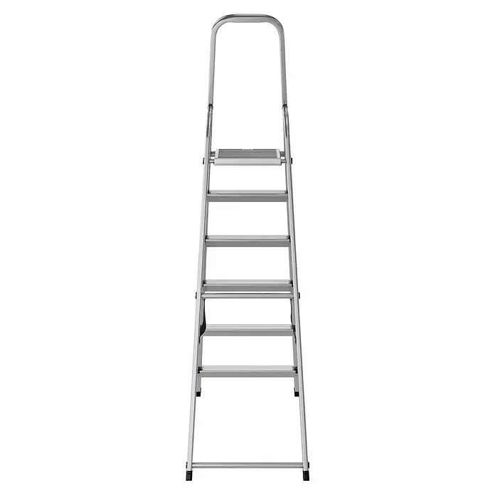 Krause Corda Stehleiter - Arbeitshöhe: 3,2 m, Anzahl Tritte: 6 Stk., Belastbarkeit: 150 kg, Aluminium - Eine silberfarbene Trittleiter mit sechs Stufen und einem Haltegriff oben.