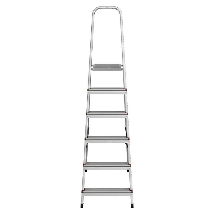Krause Corda Stehleiter - Arbeitshöhe: 3,2 m, Anzahl Tritte: 6 Stk., Belastbarkeit: 150 kg, Aluminium - Eine silberne Haushaltsleiter mit fünf Stufen und einem Sicherheitsbügel. Die Leiter steht stabil und ist ideal für Arbeiten im Haus.