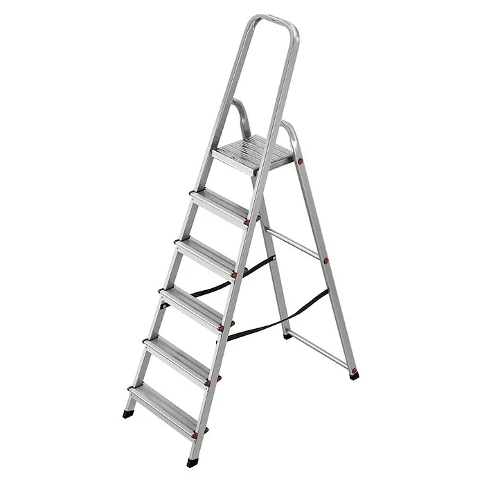 Krause Corda Stehleiter - Arbeitshöhe: 3,2 m, Anzahl Tritte: 6 Stk., Belastbarkeit: 150 kg, Aluminium - Bild einer silbernen Haushaltsleiter mit fünf Stufen und einer Haltevorrichtung. Ideal für den Innenbereich und leichte Arbeiten.