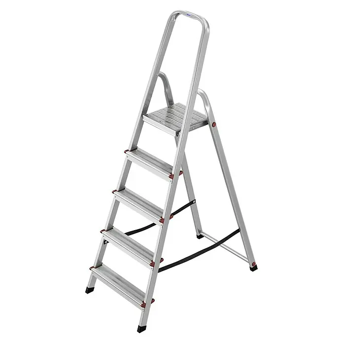Krause Corda Stehleiter - Arbeitshöhe: 3 m, Anzahl Tritte: 5 Stk., Belastbarkeit: 150 kg, Aluminium - Silberne Trittleiter mit vier Stufen und einem Haltegriff.