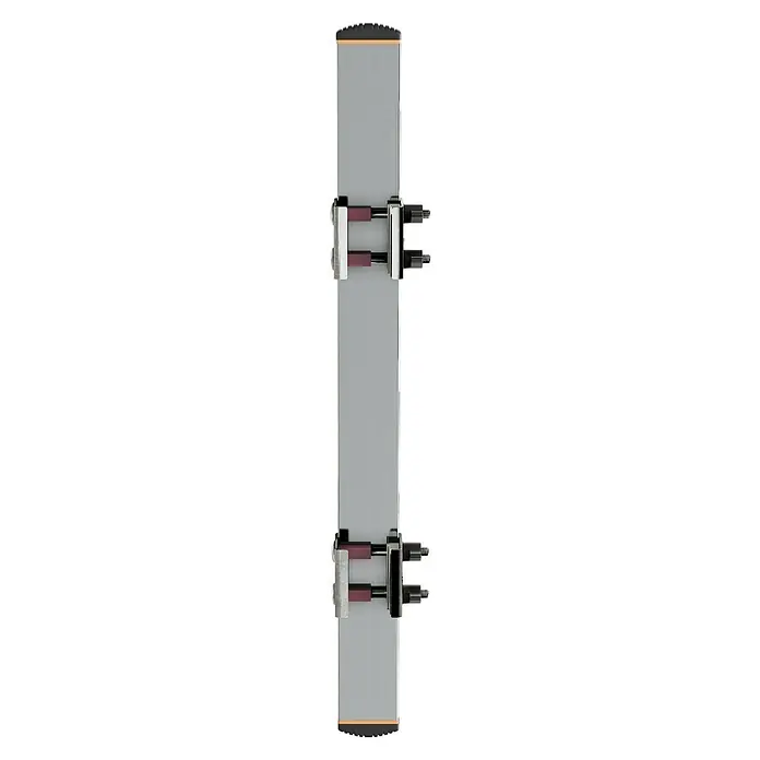 Krause Combi HolmverlängerungGeeignet für: Holmquerschnitt 64 x 25 mm bis 97 x 25 mm, Aluminium - Das Bild zeigt ein langes, schlankes Magnepan-Lautsprecherpanel, das durch Halterungen mit Klemmen an den Enden gehalten wird. Hochwertige Audiotechnik für Audiophile.
