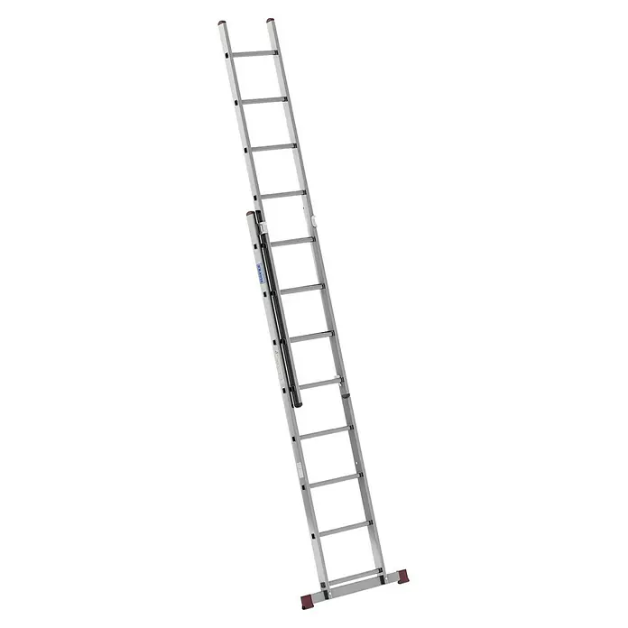 Krause Corda Schiebeleiter - Anzahl Tritte: 16 Stk., Arbeitshöhe: 4,95 m, Belastbarkeit: 150 kg, Aluminium - Bild einer teleskopierbaren Aluminiumleiter von Krause, die für verschiedene Höhenanforderungen im Haushalt oder Gewerbe flexibel ist.