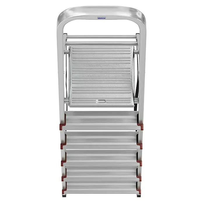 Krause Corda Stehleiter - Arbeitshöhe: 3,2 m, Anzahl Tritte: 6 Stk., Belastbarkeit: 150 kg, Aluminium - Nahaufnahme einer Krause-Haushaltsleiter mit mehreren Stufen und einer geriffelten Plattform für sicheren Stand bei Arbeiten im Haushalt.