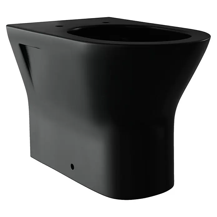 RAK Ceramics Feeling Stand-WC - Spülrandlos, Ohne Spezialglasur, Spülform: Tief, WC Abgang: Waagerecht, Schwarz - Schwarze wandhängende Toilette. Das moderne Design zeichnet sich durch eine schlanke Form und minimalistische Ästhetik aus.