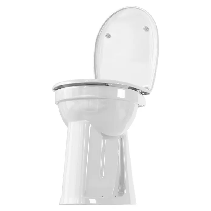 Camargue Stand-WC-Set Plus 100Mit Spülrand, Ohne Spezialglasur, Spülform: Flach, WC Abgang: Senkrecht, Weiß - Ein sauberes, weißes Stand-WC mit offenem Deckel, perfekt für jedes moderne Badezimmer. Die glatte Oberfläche sorgt für Hygiene und einfache Reinigung.