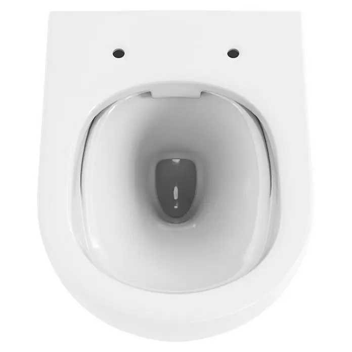 Camargue Wand-WC Rom - Spülrandlos, Ohne Spezialglasur, Spülform: Tief, WC Abgang: Waagerecht, Weiß - Nahaufnahme einer weißen, wandhängenden Toilette mit ovaler Form und zwei Befestigungslöchern.