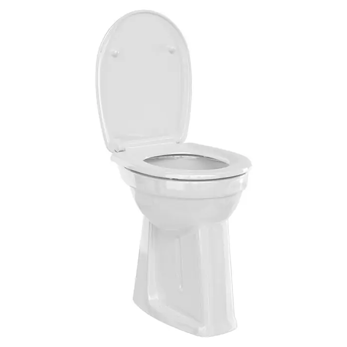 Camargue Stand-WC-Set Plus 100Mit Spülrand, Ohne Spezialglasur, Spülform: Flach, WC Abgang: Senkrecht, Weiß - Weißes Stand-WC mit offenem Deckel. Das WC hat ein modernes Design und ist auf einem schwarzen Hintergrund platziert.