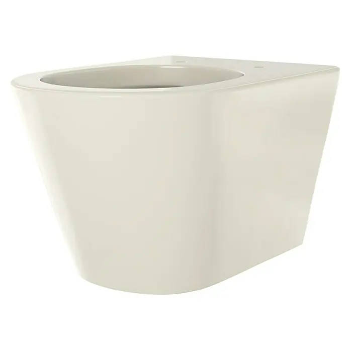 RAK Ceramics Feeling Wand-WC - Spülrandlos, Ohne Spezialglasur, Spülform: Tief, WC Abgang: Waagerecht, Greige, Matt - Nahaufnahme einer modernen, wandhängenden Toilette in einem hellen Farbton, die ein minimalistisches und platzsparendes Design aufweist.