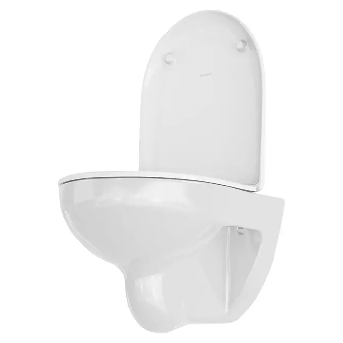 Geberit Renova Wand-WC-Set - Spülrandlos, WC Abgang: Waagerecht, Mit WC-Sitz - Nahaufnahme einer wandhängenden, weißen Geberit Toilette mit geöffnetem Deckel vor schwarzem Hintergrund.