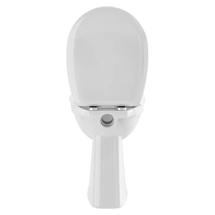 Camargue Stand-WC-Set Plus 100Mit Spülrand, Ohne Spezialglasur, Spülform: Flach, WC Abgang: Senkrecht, Weiß - Detailaufnahme einer weißen Toilette mit Aufputzspülkasten, die das elegante Design und die saubere Optik des Keramikprodukts hervorhebt.