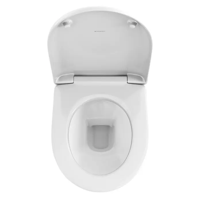 Geberit Renova Wand-WC-Set - Spülrandlos, WC Abgang: Waagerecht, Mit WC-Sitz - Weißes Geberit Wand-WC mit offenem Deckel, moderne Badkeramik für stilvolle Badezimmergestaltung.