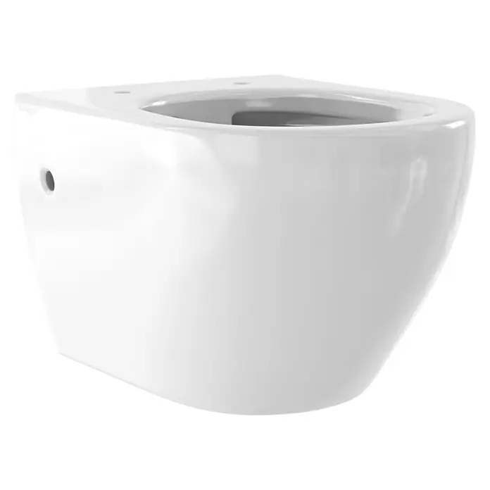 Camargue Wand-WC Rom - Spülrandlos, Ohne Spezialglasur, Spülform: Tief, WC Abgang: Waagerecht, Weiß - Nahaufnahme einer weißen wandhängenden Keramiktoilette mit glänzender Oberfläche. Perfekt für moderne Badezimmer.