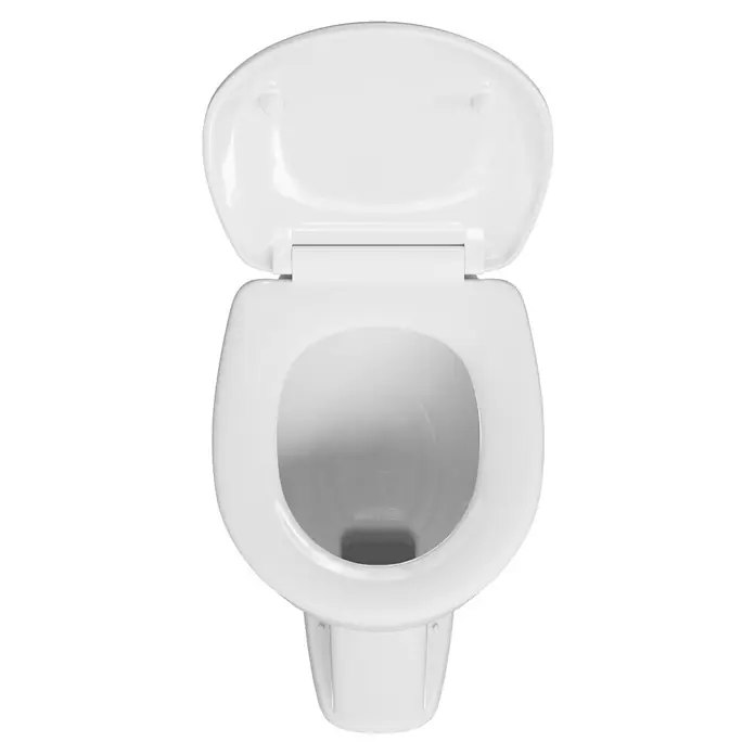 Camargue Stand-WC-Set Plus 100 - Mit Spülrand, WC Abgang: Senkrecht, Weiß - Die Nahaufnahme zeigt eine weiße Toilette mit geöffnetem Deckel, die eine saubere und moderne Badezimmerausstattung darstellt.