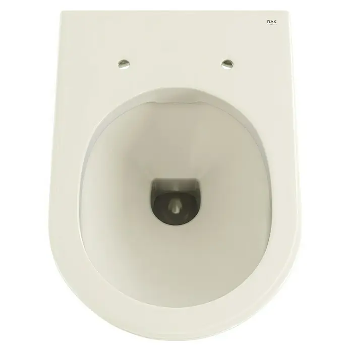 RAK Ceramics Feeling Wand-WC - Spülrandlos, Ohne Spezialglasur, Spülform: Tief, WC Abgang: Waagerecht, Greige, Matt - Innenansicht einer RAK-Toilette in hellem Cremeweiß, die die Sanitärkeramik und das Design der Toilette hervorhebt.