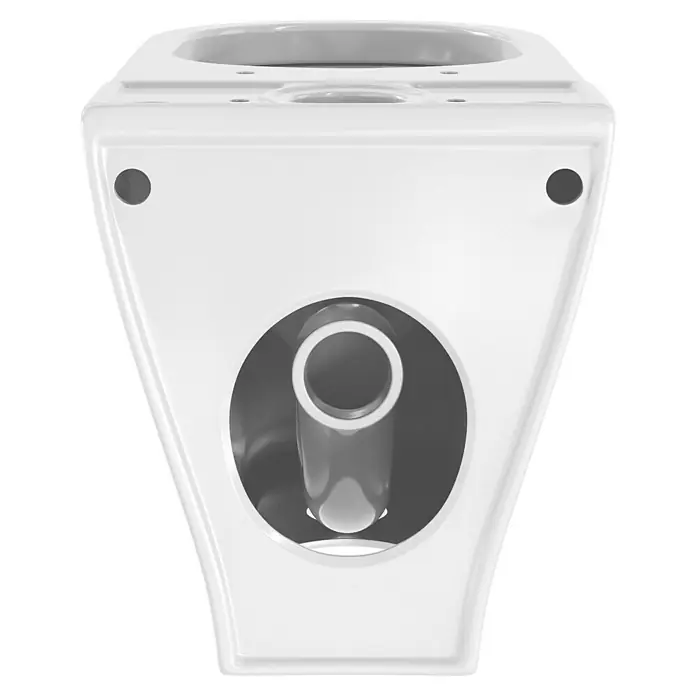 Camargue San Francisco Stand-WC für Kombination - Spülrandlos, WC Abgang: Waagerecht, Weiß - Die Nahaufnahme einer weißen Keramik-Toilette zeigt Details wie Öffnungen und Formen des Sanitärprodukts.