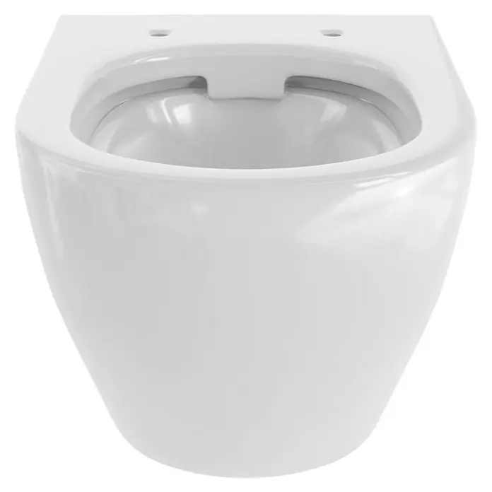 Camargue Wand-WC Rom - Spülrandlos, Ohne Spezialglasur, Spülform: Tief, WC Abgang: Waagerecht, Weiß - Nahaufnahme einer wandhängenden, weißen Keramiktoilette mit glatter Oberfläche. Ideal für moderne Badezimmerdesigns.