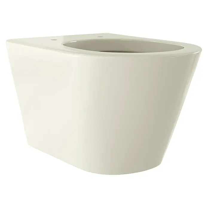 RAK Ceramics Feeling Wand-WC - Spülrandlos, Ohne Spezialglasur, Spülform: Tief, WC Abgang: Waagerecht, Greige, Matt - Nahaufnahme einer wandhängenden Toilette in Beige, die ein modernes und hygienisches Design für Badezimmer präsentiert.