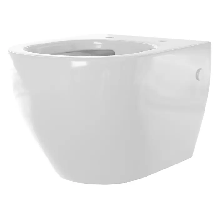 Camargue Wand-WC Rom - Spülrandlos, Ohne Spezialglasur, Spülform: Tief, WC Abgang: Waagerecht, Weiß - Nahaufnahme einer weißen, wandhängenden Toilette mit glatter Oberfläche und abgerundeten Kanten, die ein modernes Badezimmerdesign zeigt.