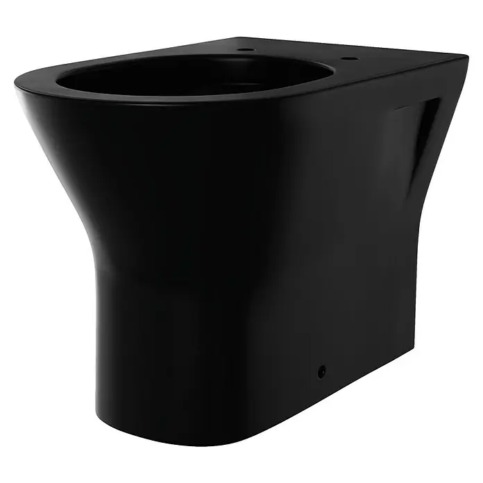 RAK Ceramics Feeling Stand-WC - Spülrandlos, Ohne Spezialglasur, Spülform: Tief, WC Abgang: Waagerecht, Schwarz - Schwarze, moderne Toilette mit glatter Oberfläche, die ein elegantes und minimalistisches Design für Badezimmer zeigt.