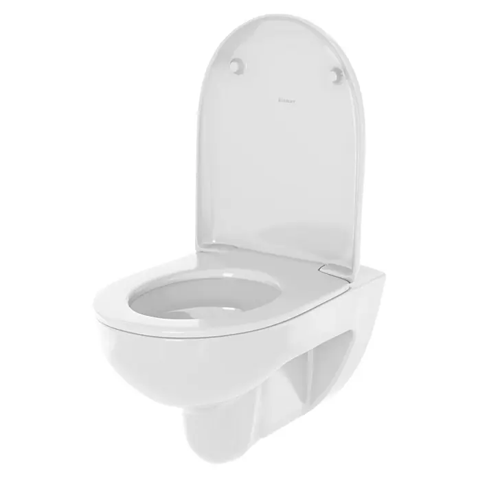 Geberit Renova Wand-WC-Set - Spülrandlos, WC Abgang: Waagerecht, Mit WC-Sitz - Bild einer hängenden, weißen Toilette mit offenem Deckel.