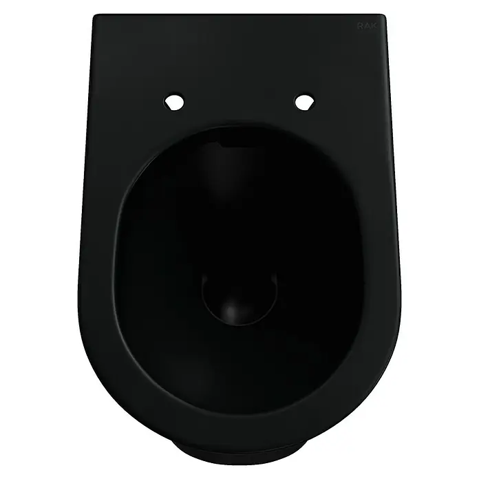 RAK Ceramics Feeling Stand-WC - Spülrandlos, Ohne Spezialglasur, Spülform: Tief, WC Abgang: Waagerecht, Schwarz - Eine schwarze RAK-Keramik-Toilette zur Wandmontage. Das moderne Designelement fürs Badezimmer.