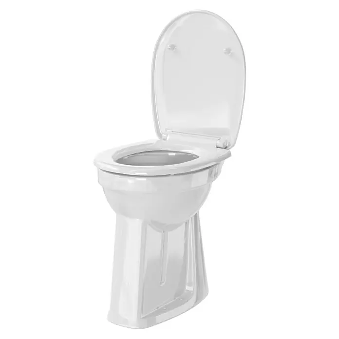 Camargue Stand-WC-Set Plus 100Mit Spülrand, Ohne Spezialglasur, Spülform: Flach, WC Abgang: Senkrecht, Weiß - Helle Sanitärkeramik: Eine Toilettenschüssel mit offenem Deckel, ideal für moderne Badezimmer, präsentiert durch das Foto.
