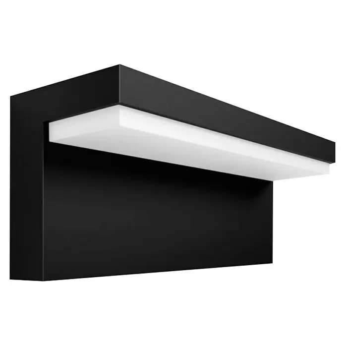 Philips Hue LED-Außenwandleuchte Nyro - 13,5 W, 25,4 x 88 x 10,1 cm, Schwarz, IP44 - Nahaufnahme einer modernen, schwarzen Wandleuchte mit einem hellen, rechteckigen Lichtelement. Die Lampe strahlt Eleganz und minimalistisches Design aus.