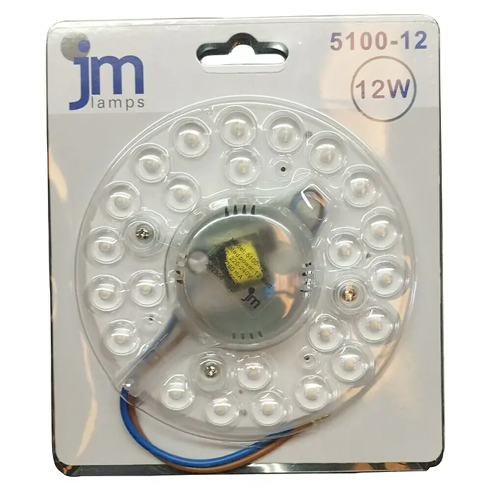 Luz LED - 12 W, 10 x 10 x 2 cm, Blanco neutro - Primer plano de una lámpara de techo LED JM Lamps 5100-12 12W empaquetada, presentada en un paquete de plástico transparente sobre cartón blanco.