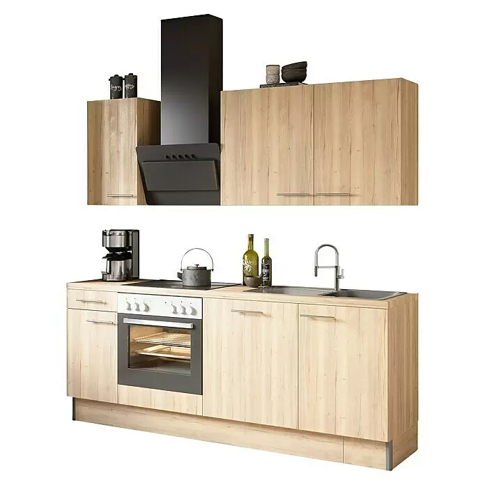 Optifit Küchenzeile OPTIkoncept Erik290 - Breite: 210 cm, Nachbildung Wildeiche, Mit Elektrogeräten - Helle Holz-Modulküche mit schwarzer Dunstabzugshaube, Backofen und silberner Spüle.