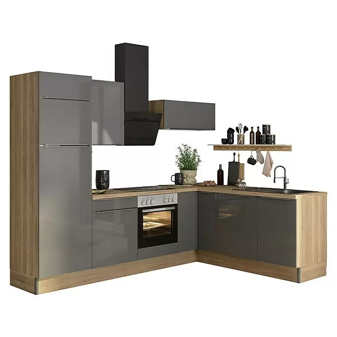 Optifit Winkelküche OPTIkoncept Linus984 Typ 2 - B x T: 270 x 200 cm, Anthrazit, Mit Elektrogeräten, Spüle rechts - Moderne Eckküche in hellem Holz und Grau mit Einbaubackofen, Kochfeld, Spüle und Dunstabzugshaube, inklusive Zubehör.