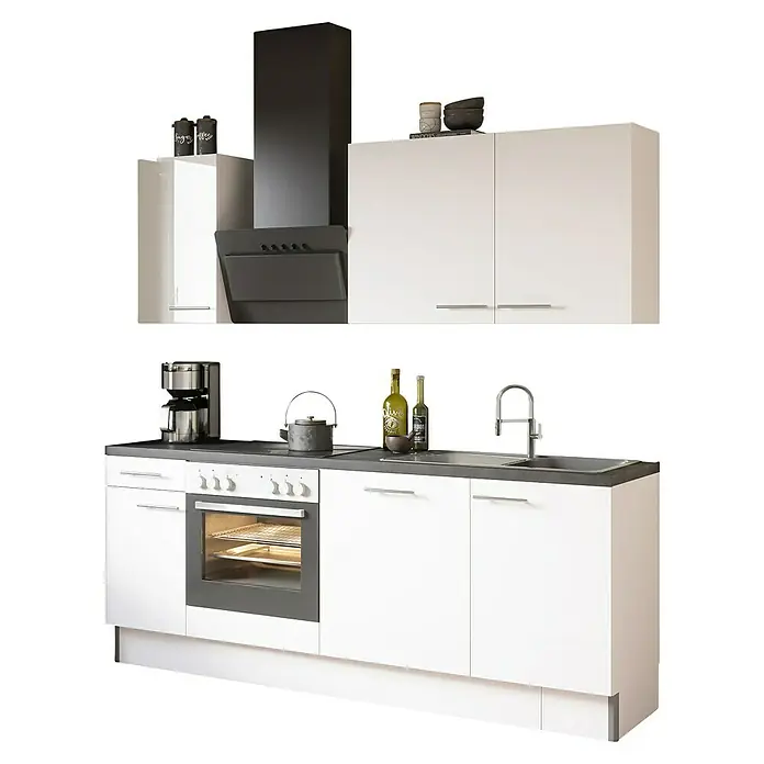 Optifit Küchenzeile OPTIkoncept Rurik986 - Breite: 210 cm, Weiß, Ohne Elektrogeräte - Elegante Küche in Weiß mit dunkler Arbeitsplatte und Dunstabzugshaube. Moderne Küchenzeile mit stilvollen Details.