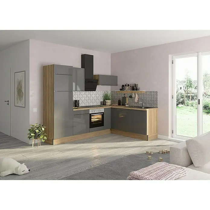 Optifit Winkelküche OPTIkoncept Linus984 Typ 2 - B x T: 270 x 200 cm, Anthrazit, Mit Elektrogeräten, Spüle rechts - Moderne Küche mit grauen Schränken und Holzakzenten, ergänzt durch eine schwarze Dunstabzugshaube und stilvolle Rückwand.