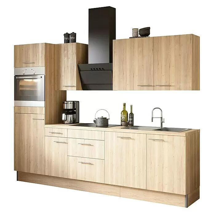 Optifit Küchenzeile OPTIkoncept Erik290 Typ 3 - Breite: 270 cm, Nachbildung Wildeiche, Mit Elektrogeräten - Helle Küchenzeile in Holzoptik mit Backofen, schwarzer Dunstabzugshaube, Spüle, Kaffeemaschine und viel Stauraum.